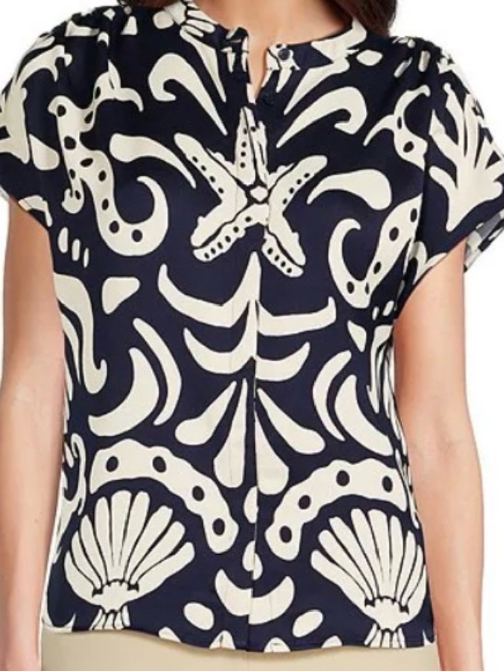 Alex Marie Pia Button Front Shell Print Short Sleeve Blouse Women's Size L